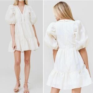 Hunter Bell Gaille Puff Sleeve Mini Dress in Ivory Floral Jacquard Size Small